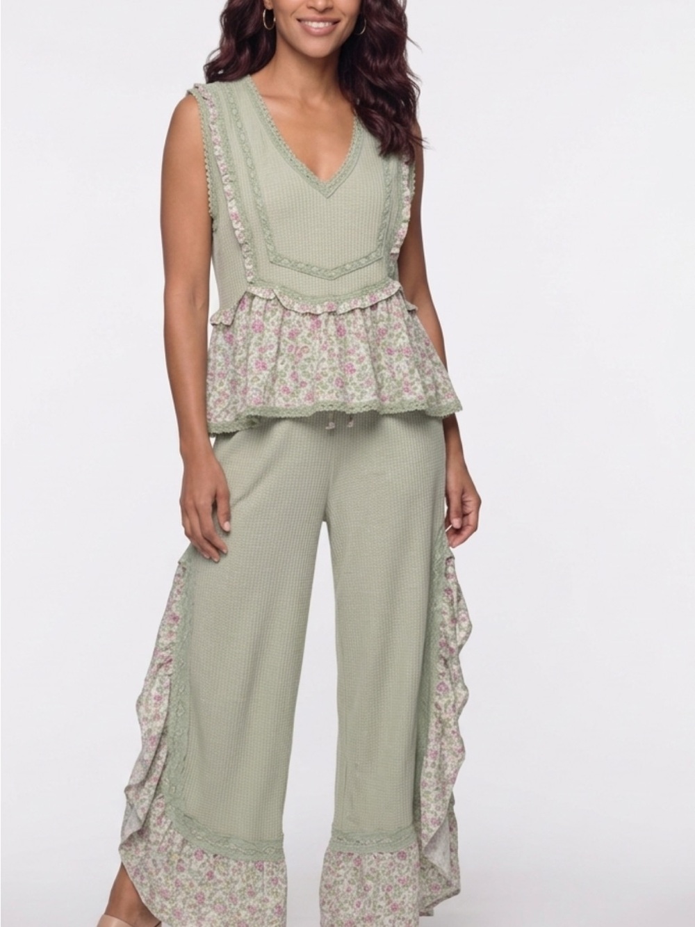 POL Sage Green Wide-Leg Pantswith Matching Top with Floral Ruffle Trim